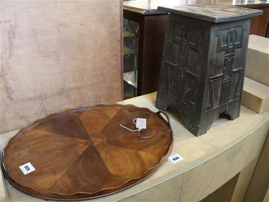 Yew-veneered oval two-handled tray & a South American carved wood stool(-)